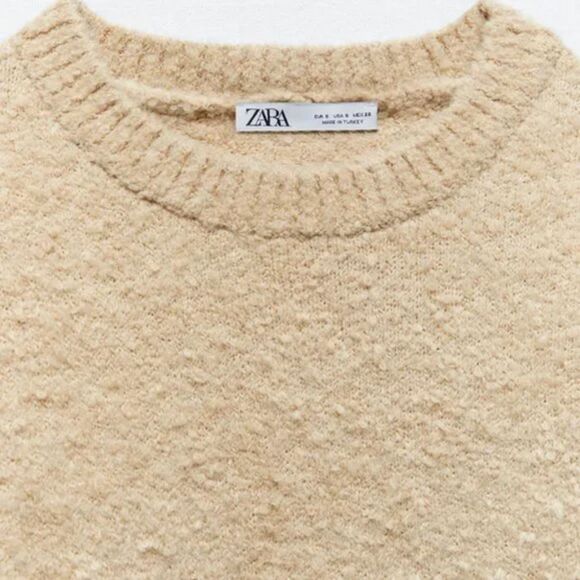 Tan Beige Zara Textured Boucle Crew Neck Oversized Pullover Tunic Sweater (NWT) - Picture 7 of 9